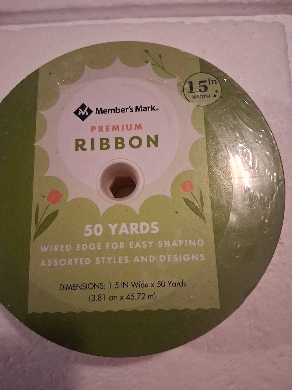 Members Mark Premium Ribbon, 50 Yards, Wired Edge, 1.5 In Width, Yellow Gold